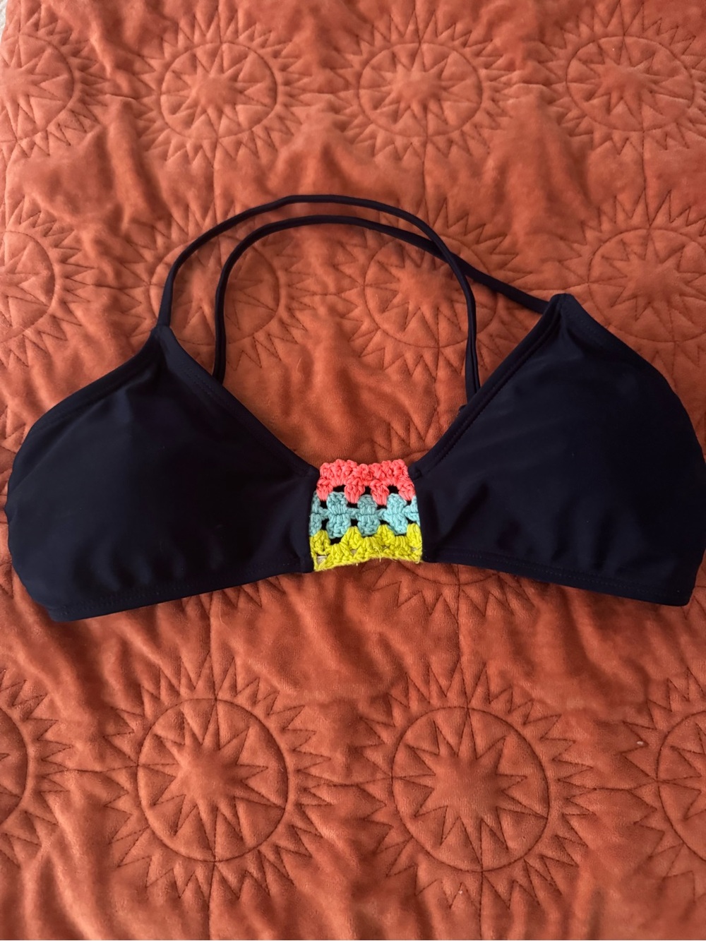 Navy Bikini Top with Colorful Crochet Accent